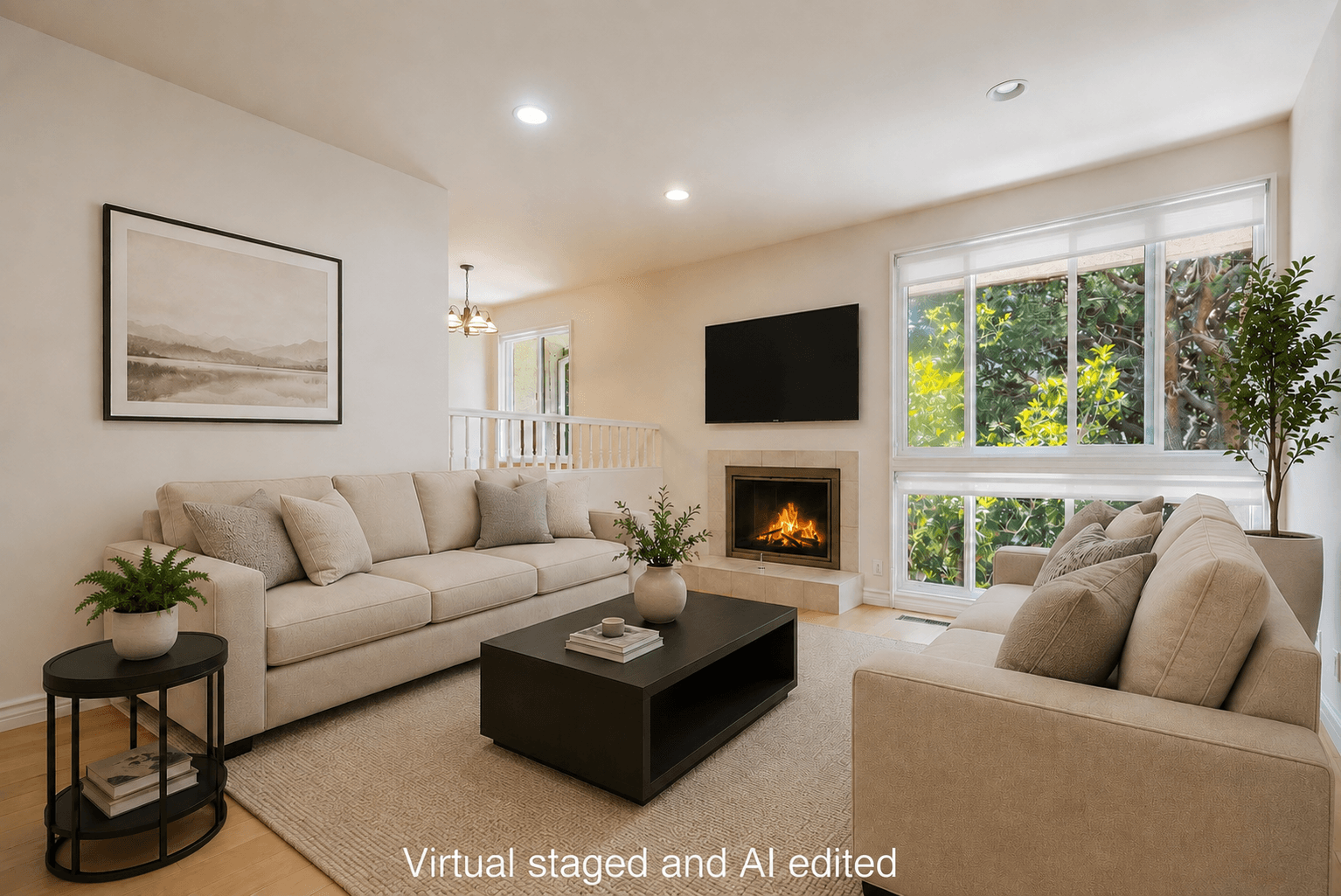 Virtually staged living room at 17241 Palisades Circle in Pacific Palisades.